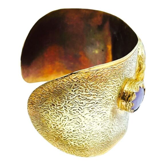 Antique Brutalist Amethyst Brass Cuff Bracelet - Picture 5 of 12